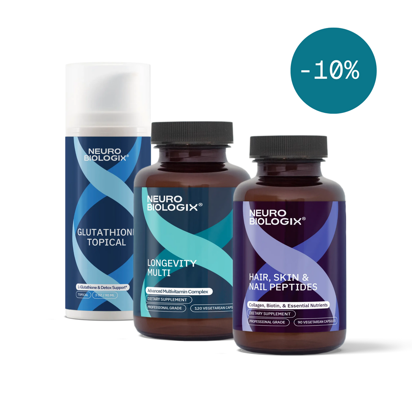 Neurobiologix 3 bottle bundle. Glutathione Topical, Longevity Multi, and Hair, Skin & Nail Peptides bottle. 