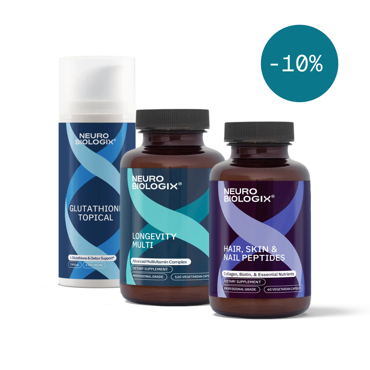 Neurobiologix 3 bottle bundle. Glutathione Topical, Longevity Multi, and Hair, Skin & Nail Peptides bottle. 