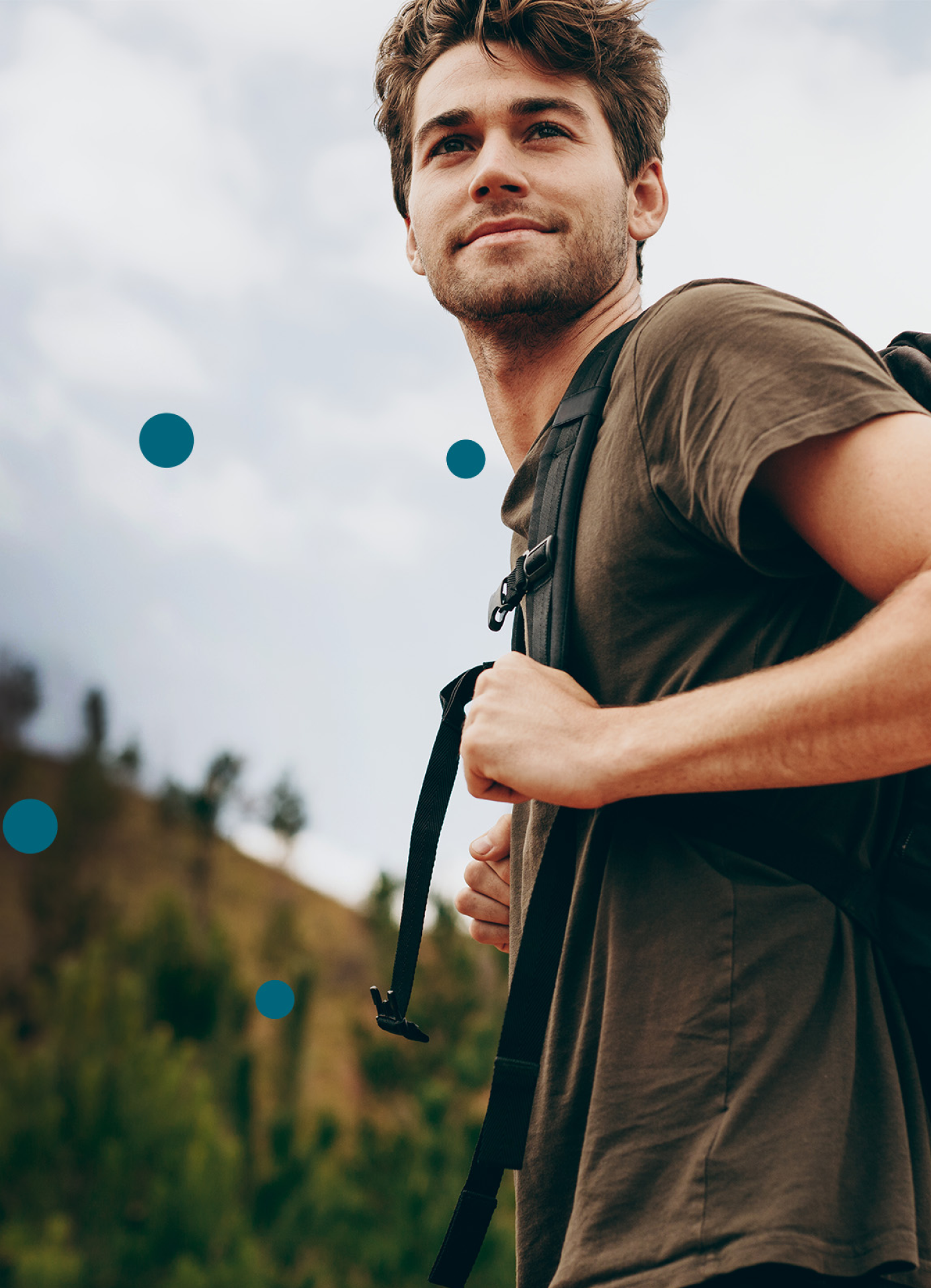 Active man hiking outdoors, symbolizing vitality with Neurobiologix support.