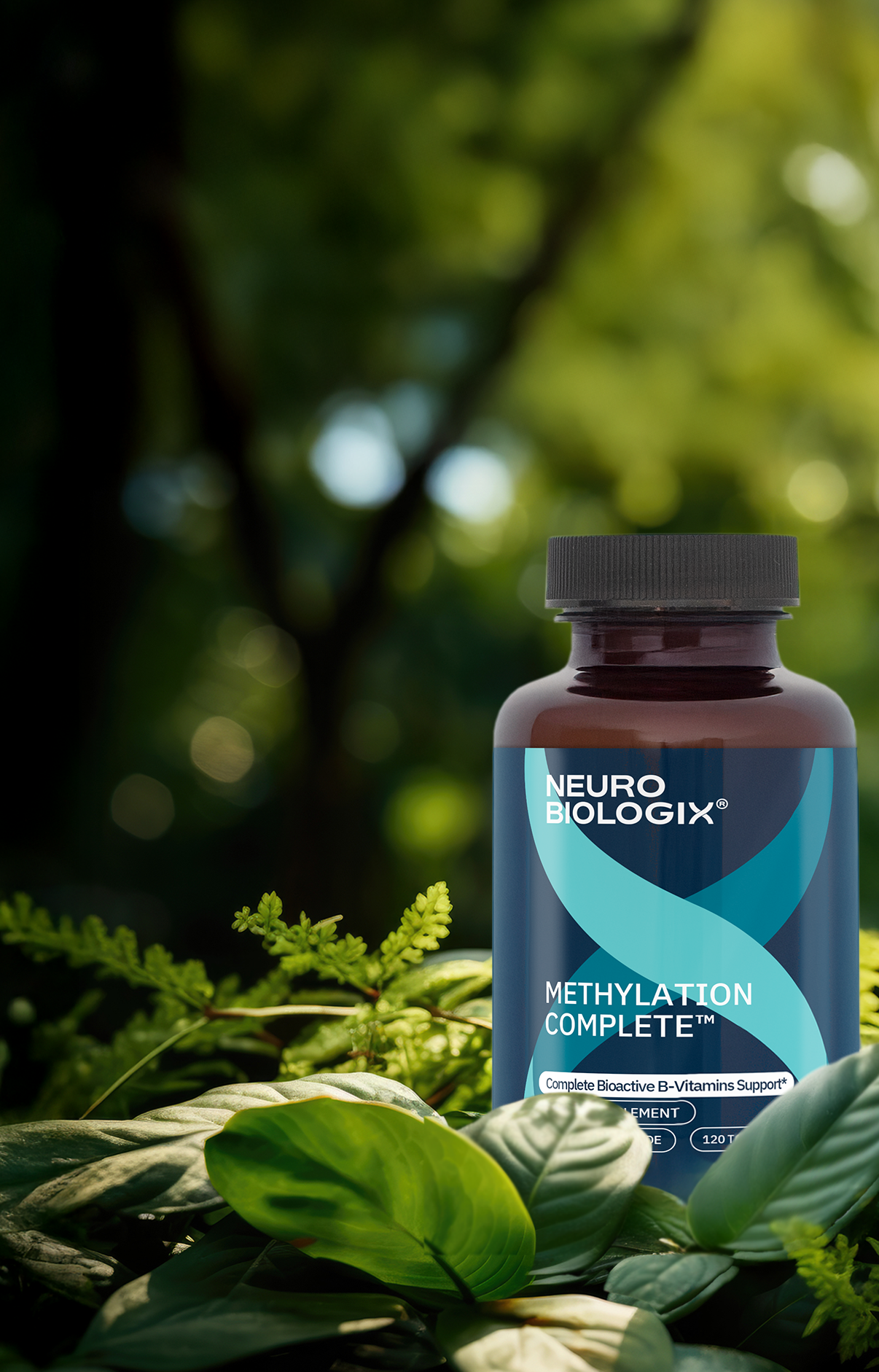 Neurobiologix Methylation Complete bottle surrounded by lush green plants.